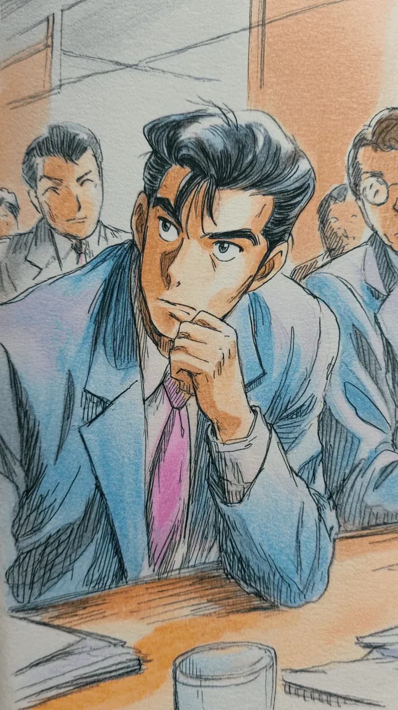 Illustration of an operating meeting with Japanese business people, a metaphor for Jigen case studies